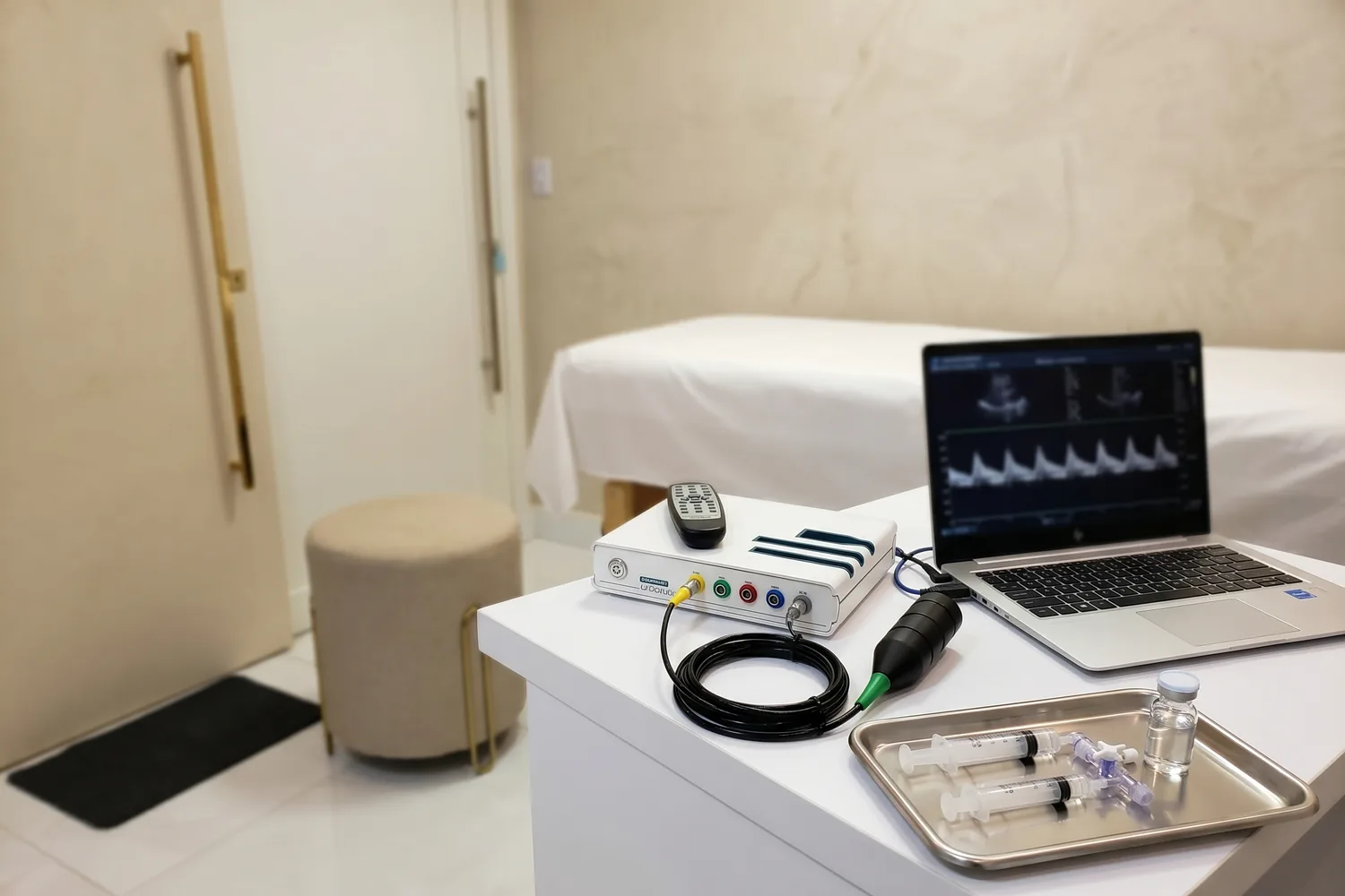 Sala de exame da Clínica Benui com o aparelho de Doppler transcraniano e o material do teste de microbolhas